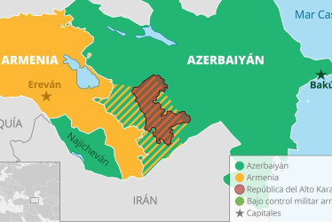 Mapa de la situación en Armenia, Azerbaiyán y el Alto Karabaj después de la primera guerra del Alto Karabaj