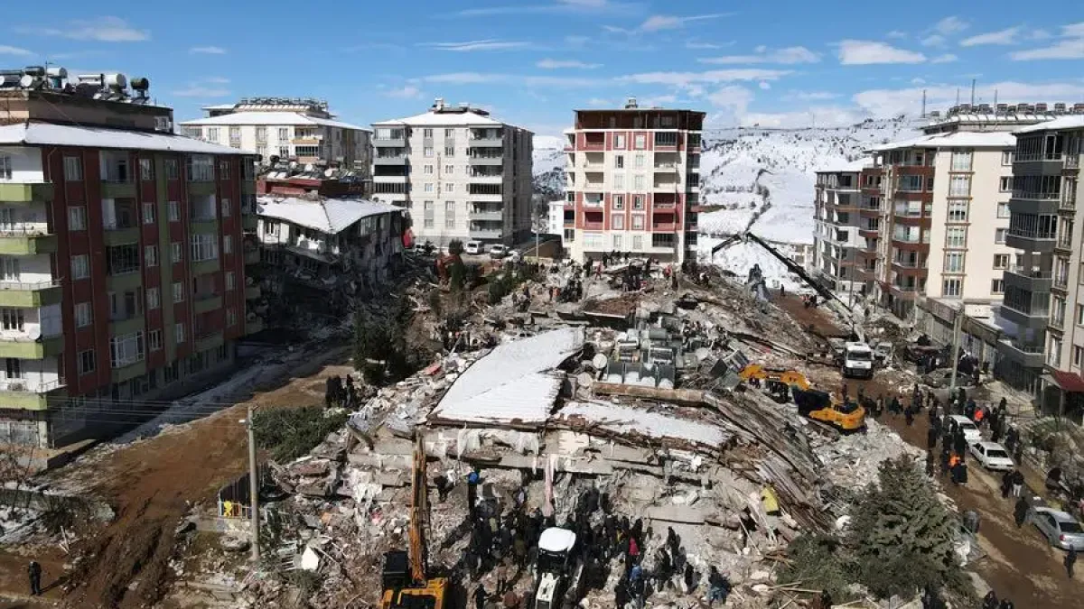 Una vista aérea tomada con un dron muestra edificios derrumbados mientras continúan los trabajos de rescate después del terremoto en el distrito de Besni de la ciudad de Adiyaman, Turquía, este miércoles.