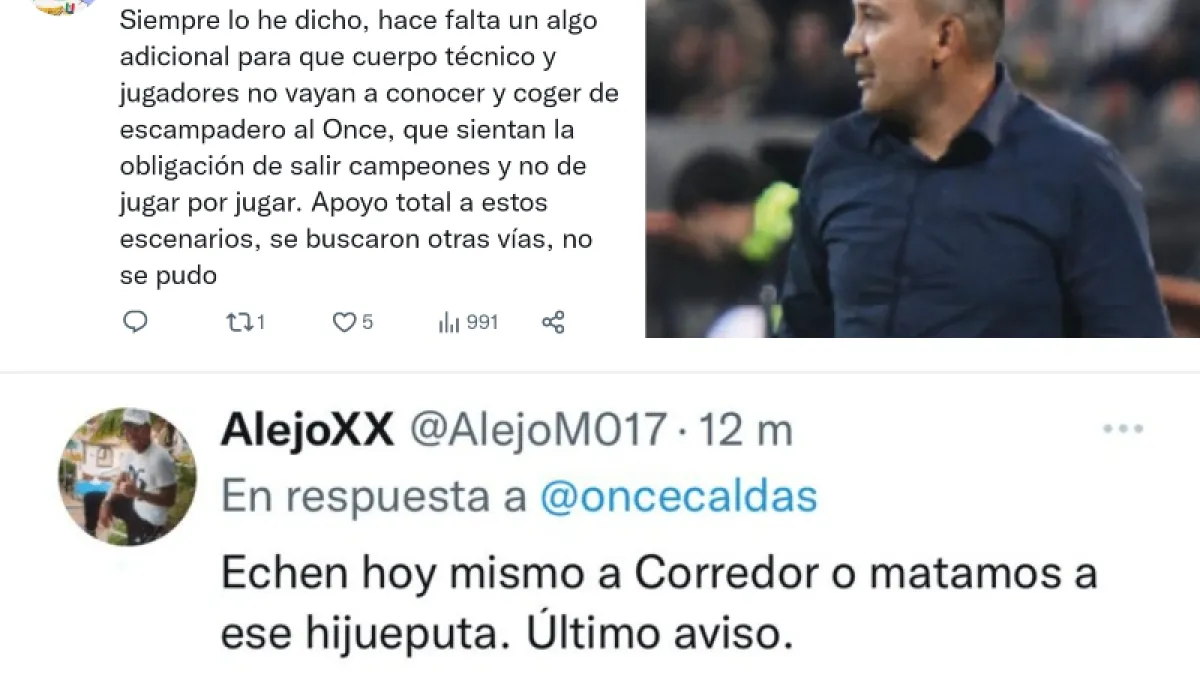Estas son algunas de los comentarios que se vieron en Twitter en contra del técnico del Once Caldas, Diego Corredor. En las redes sociales se observa un malestar de los hinchas por el rendimiento del equipo. 