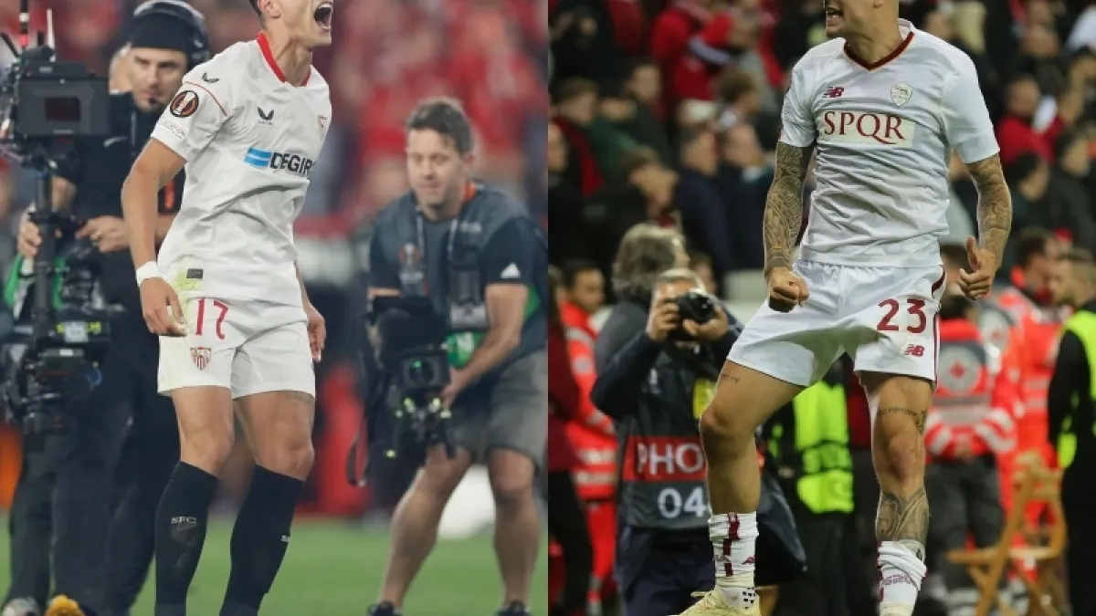 Erik Lamela, del Sevilla, y Gianluca Mancini, de la Roma, celebran el paso a la final de la Liga Europa.
