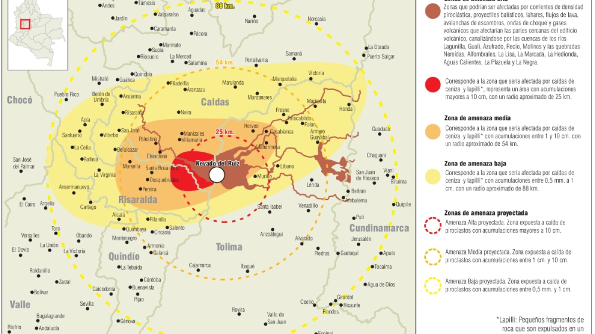 Este es el mapa de riesgo del volcán Nevado del Ruiz, con un límite establecido en un radio ubicado a 15 kilómetros del cráter Arenas. Desde este 12 de mayo el área se redujo a 10 kilómetros a la redonda.
