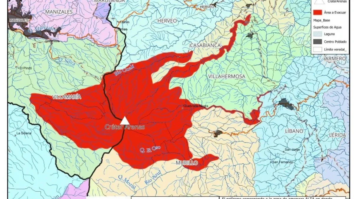 Este mapa muestra el polígono de evacuación presentado en el Puesto de Mando Unificado del 12 de mayo de 2023. La zona roja es el área a evacuar.