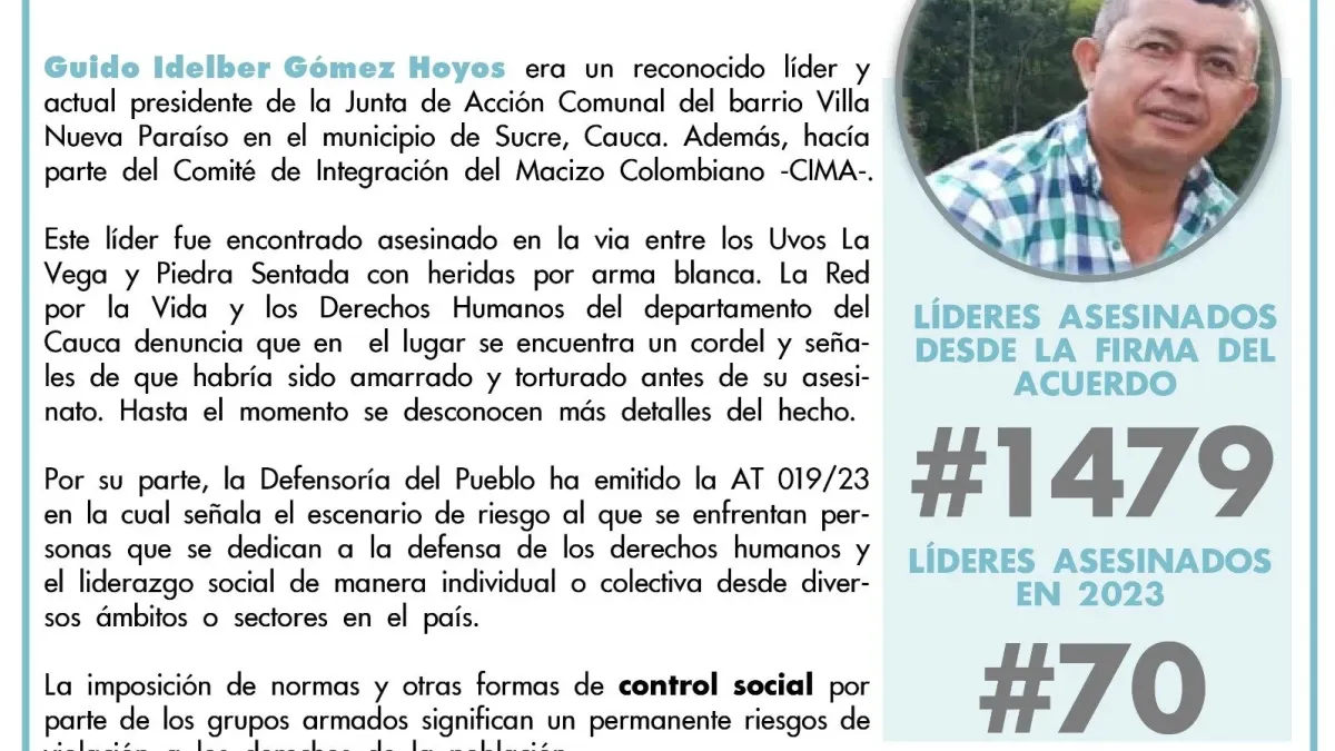 Asesinan a cinco personas, entre ellas dos líderes sociales, en Guaviare y Cauca