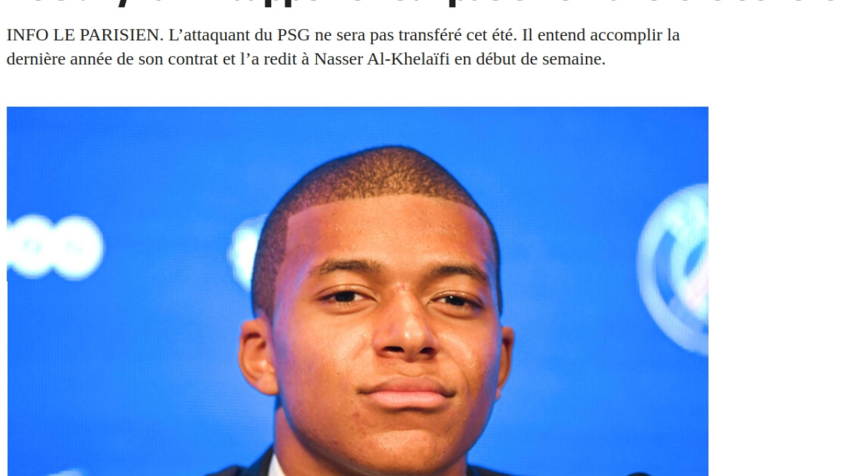 Captura de pantalla de la noticia en la que Le Parisien anuncia que el astro galo se queda en el PSG.