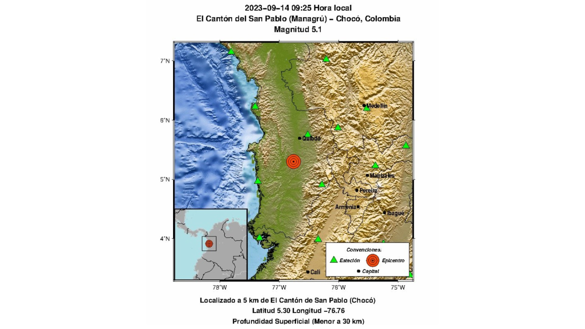El boletín del Servicio Geológico Colombiano indica que el movimiento telúrico tuvo epicentro en El Cantón de San Pablo (Chocó) y una magnitud de 5,1.