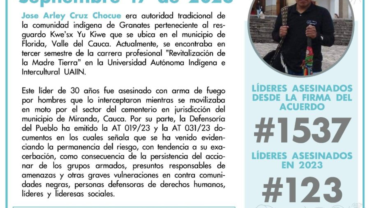 Imagen de Indepaz sobre líder social asesinado José Arley Cruz Chocué