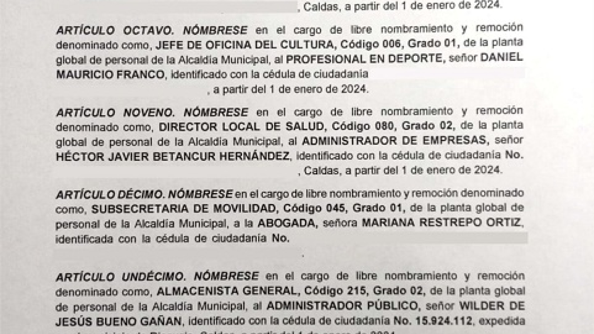 La Alcaldía de Riosucio sorprendió designando en dos cargos diferentes a Daniel Mauricio Franco. Así se conoció una vez fue publicado el decreto oficial del nombramiento.