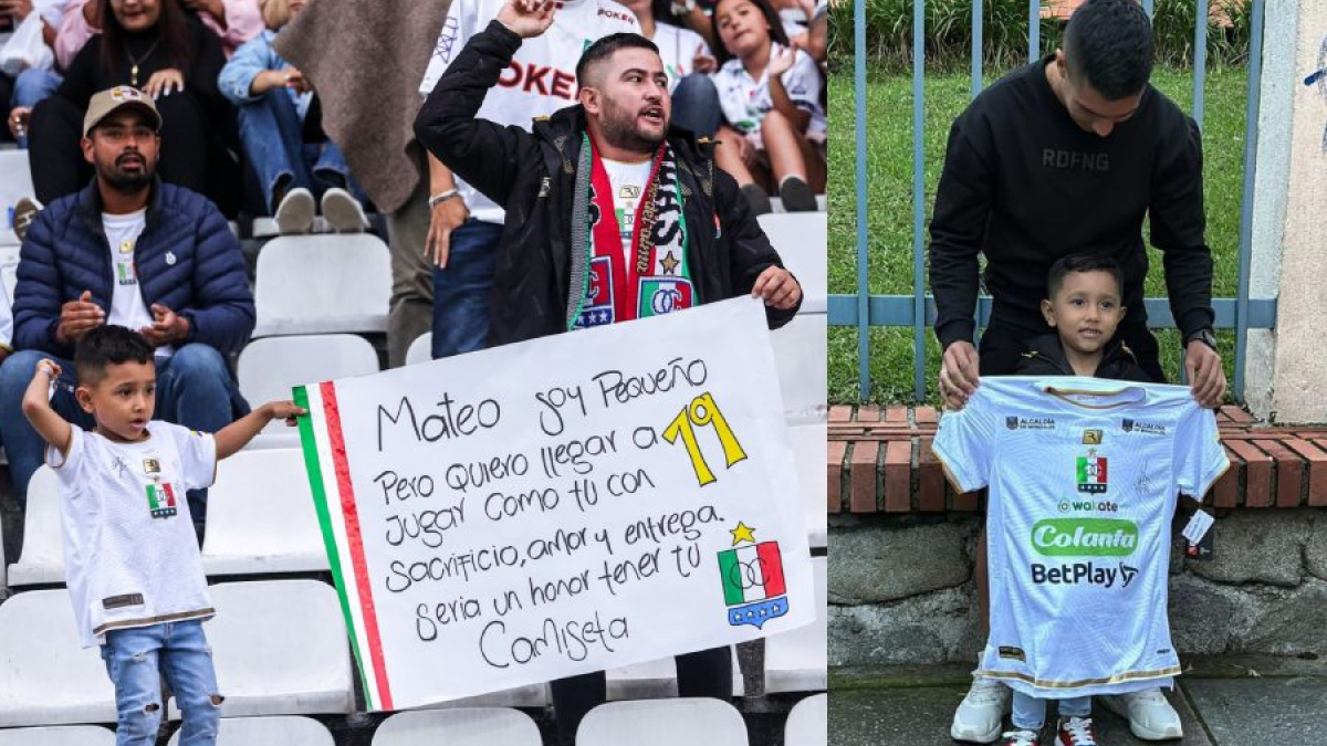 Santiago García Salazar y su papá, Juan Camilo, el domingo en el estadio Palogrande con su cartel pidiéndole a Mateo García su camiseta, sueño que le cumplió el jugador el miércoles. 