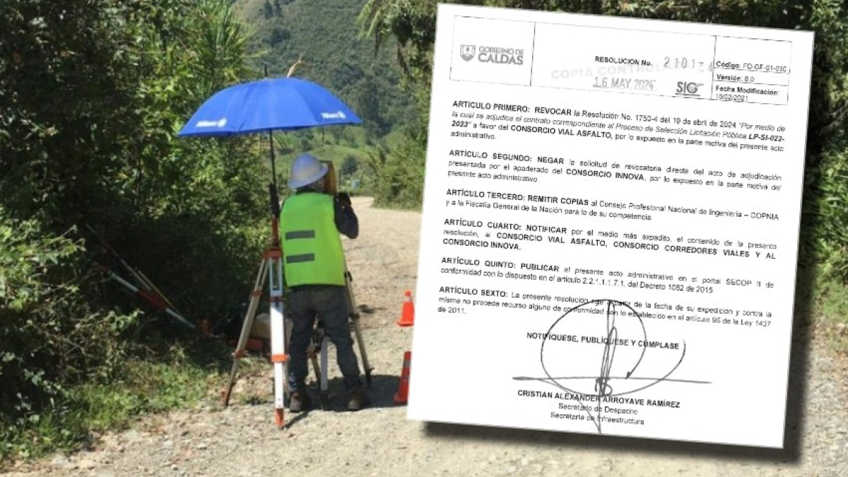 La Secretaría de Infraestructura de Caldas emitió este jueves la resolución en la que revoca el contrato con el Consorcio Asfalto Vial. 