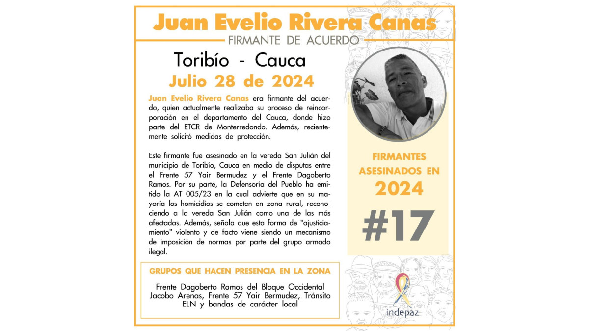 El excombatiente Juan Evelio Rivera fue asesinado en la vereda San Julián de Toribío (Cauca).