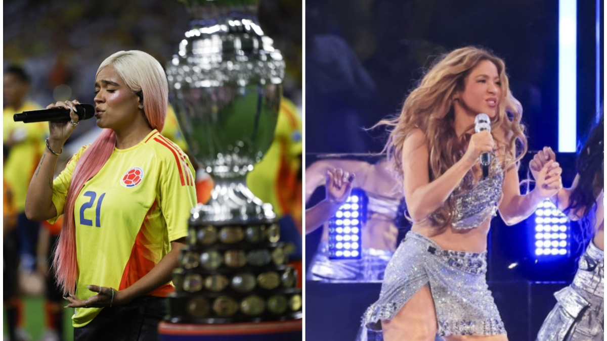 La antioqueña Karol G (izquierda) y la barranquillera Shakira fueron las protagonistas del espectáculo no futbolístico en la final de la Copa América 2024.