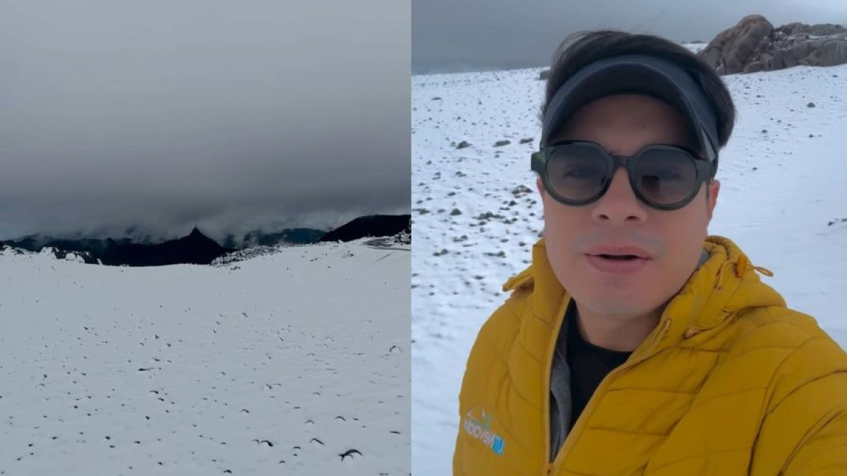 El guía de alta montaña de la Unión Temporal Operación Nevados Yonnathank Higuita Villalobos registró la nevada de este domingo en el sector del Valle de las Tumbas en el volcán Nevado del Ruiz.