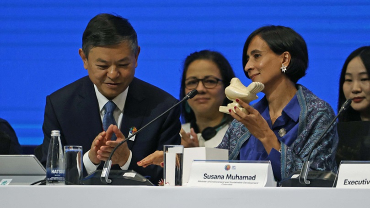 Susana Muhamad recibió la presidencia de manos de su anterior presidente, el ministro de Ecología y Medioambiente de China, Huang Runqiu, cuyo país acogió la última edición de la COP de Biodiversidad junto con Canadá, y a quien Muhamad le entregó una réplica de la simbólica paloma de la paz, obra del artista colombiano Fernando Botero.