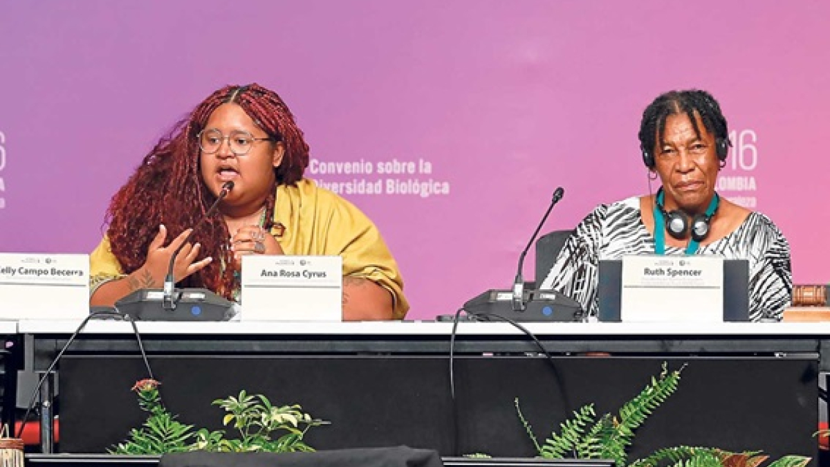 Ana Rosa Cyrus, directora ejecutiva de la Asociación Juvenil Engajamundo, habla junto a Ruth Spencer, presidenta del Marine Ecosystem Protected Areas Trust de Antigua y Barbuda, durante la COP16 en Cali.