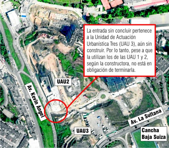 La entrada sin concluir pertenece a la Unidad de Actuación Urbanística Tres (UAU 3), aún sin construir. Por lo tanto, pese a que la utilizan los de las unidades uno y dos, según la constructora, no está en obligación de terminarla.