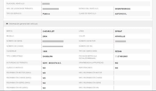 Resultados de una búsqueda en el RUNT