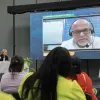 Comparecencia del exjefe paramilitar Salvatore Mancuso a través de una videoconferencia, hoy, en Montería. 