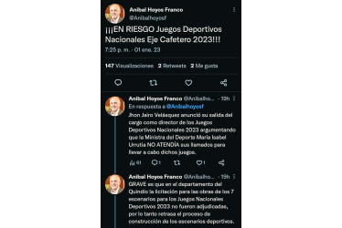 Trinos del representante a la Cámara risaraldense Aníbal Hoyos, en los que expresa su preocupación por los Juegos Nacionales del Eje Cafetero previstos para noviembre y diciembre de este año.