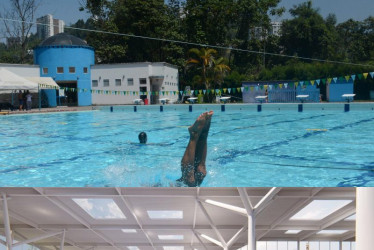 En la foto de arriba, la piscina actual.  En la imagen de abajo cómo quedaría el Complejo Acuático si se interviene como está proyectado con recursos del Mindeporte y la Gobernación de Caldas. 