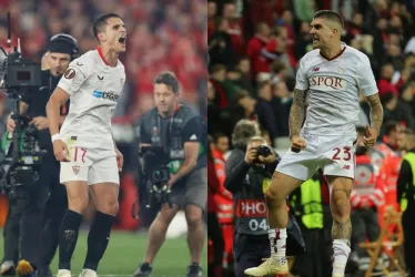 Erik Lamela, del Sevilla, y Gianluca Mancini, de la Roma, celebran el paso a la final de la Liga Europa.