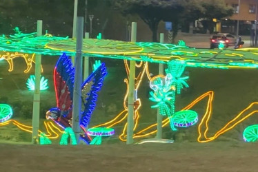 Así luce encendido el alumbrado en la Glorieta de San Rafael, con temática del Amazonas colombiano.