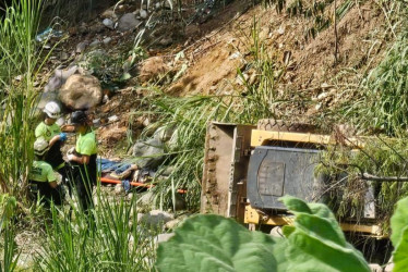  Zona del río Chinchiná en la que cayó la maquinaria pesada, tras salirse de la vía.