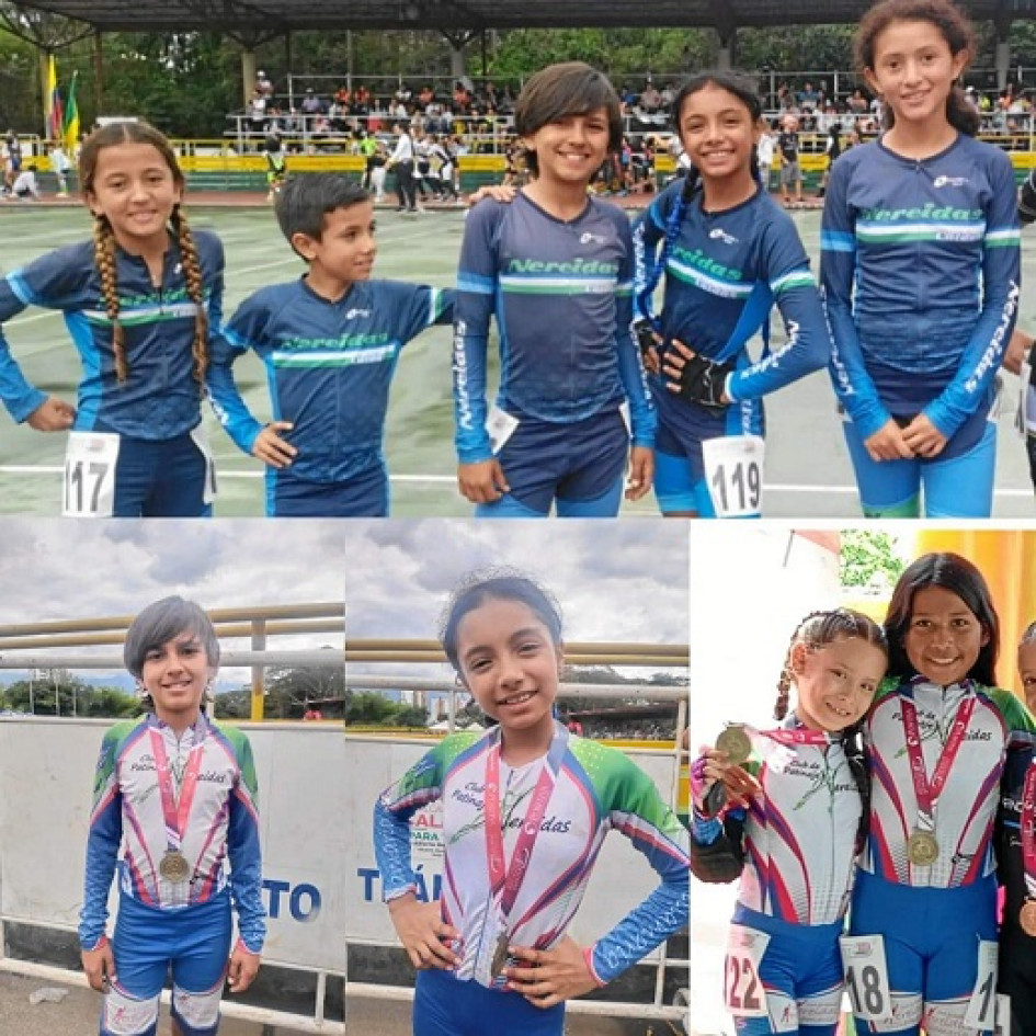 Club Nereidas de Villamaría: Arriba: María Ángel Ciro Jiménez, Sebastián Gutiérrez Villegas, Emiliano García Salgado, Sofía Marín Ocampo e Isabel Alzate Leal. Abajo: María José Pérez Vásquez e Isabela Betancur Hernández.