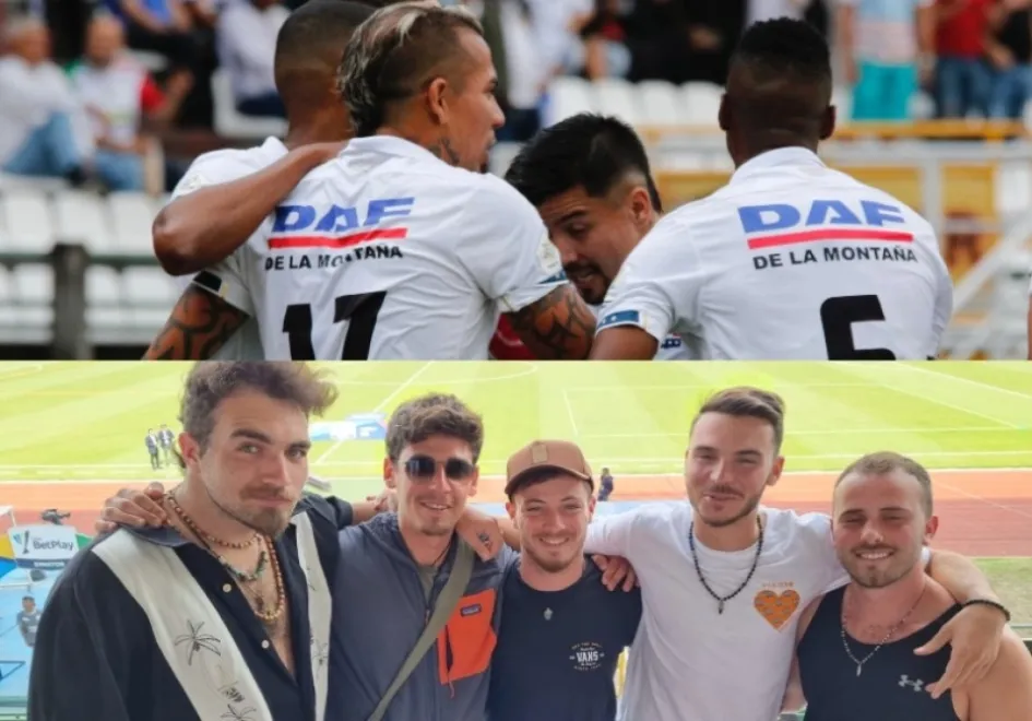 Arriba: Celebración de los jugadores del Once Caldas. Abajo: Omer Aisenberg, Aviv Gamrasni, Yahali Segev, Roey Hazam y Amit Birenboim, los turistas de Israel que, de paso por Manizales, estuvieron en el Palogrande. Once Caldas
