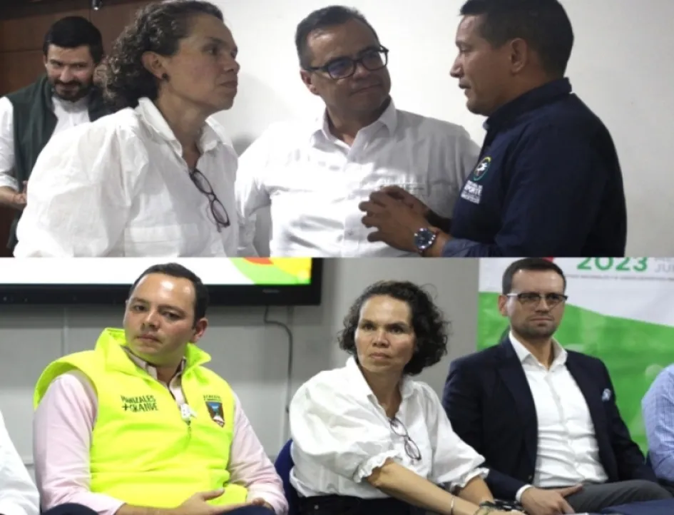 Arriba: Astrid Bibiana Herrera, ministra del Deporte, habla con Andrés Felipe Marín (d), secretario del Deporte de Caldas. Abajo: la titular del Mindeporte al lado del alcalde de Manizales y el gobernador de Caldas. Juegos Nacionales del 2023