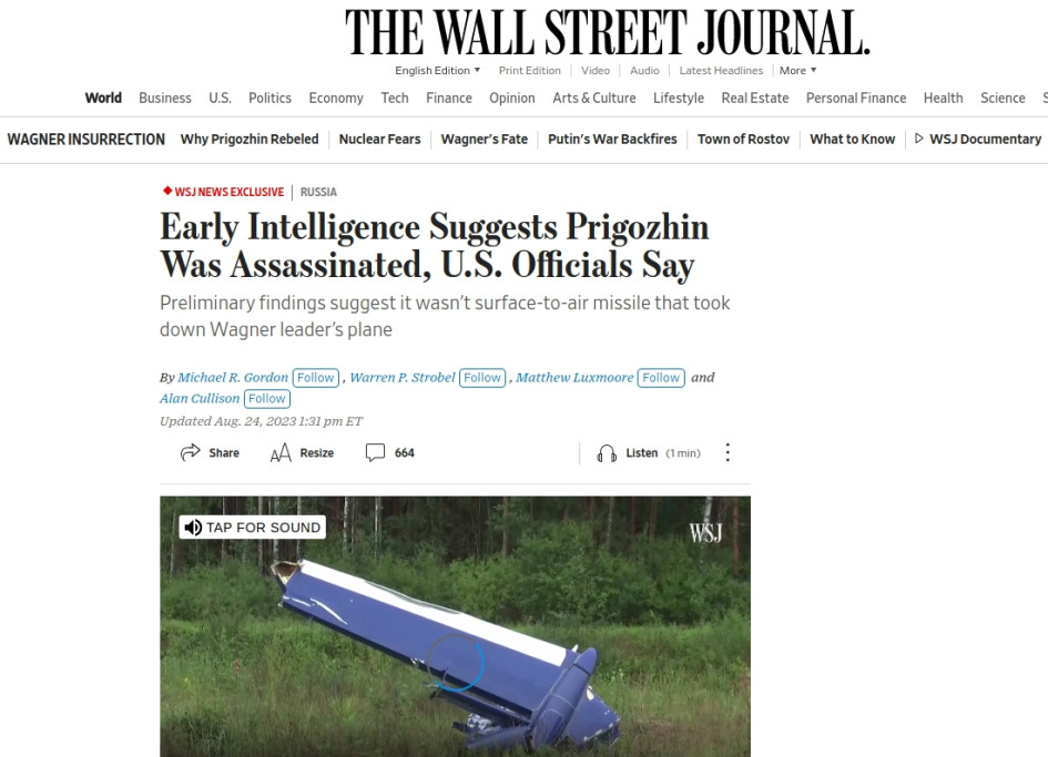 Captura de pantalla de la noticia exclusiva de The Wall Street Journal en la que se informa que Yevgueni Prigozhin y sus compañeros de vuelo pudieron haber sido asesinados con una bomba.