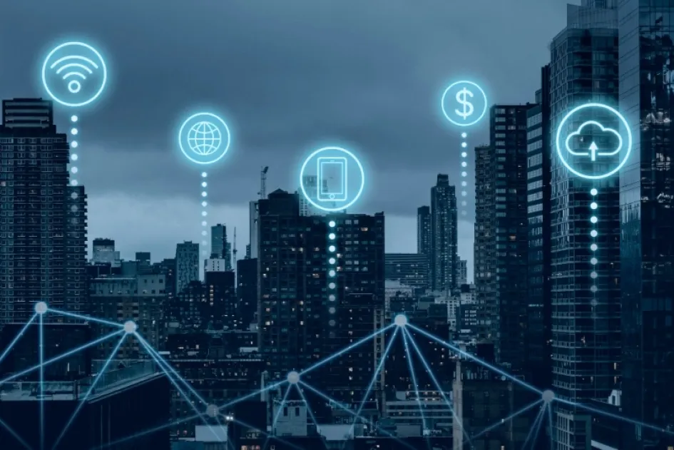 Ilustración de ciudad inteligente futurista con tecnología de red global 5g. Ilustración de ciudad inteligente futurista con tecnología de red global 5g.
