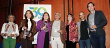 Homenajeados con la placa Batuta 30 años: Isabel Cristina Giraldo, 24 años de labor; Olga del Socorro Serna, exgerente 2006-2021; Pilar Joves, exgerente; Nelson Monroy Rendón, exdirector musical; Natalia Marulanda, gerente de Batuta; Leonardo Marulanda Rivera, director musical, y Agustín Castro Castro, exdirector musical.