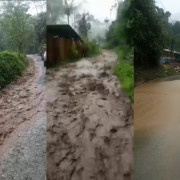 Salida del colegio por la vía convertida en un río, en zona rural de Caldas
